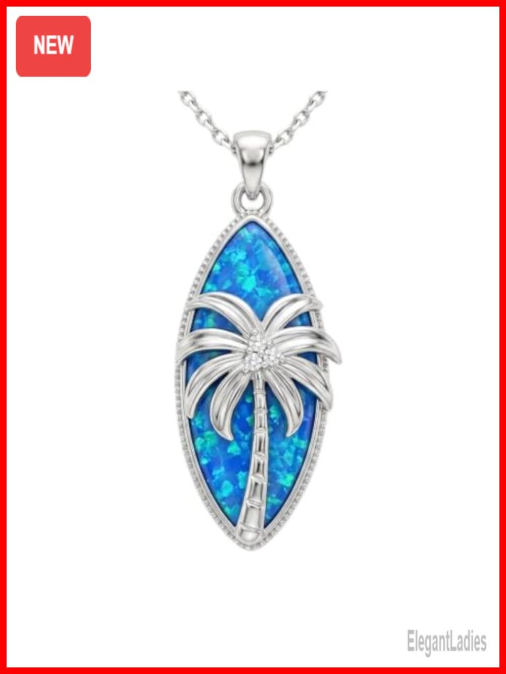 Sterling Silver Palm Tree Opal Lab Grown Diamond Pendant Necklace